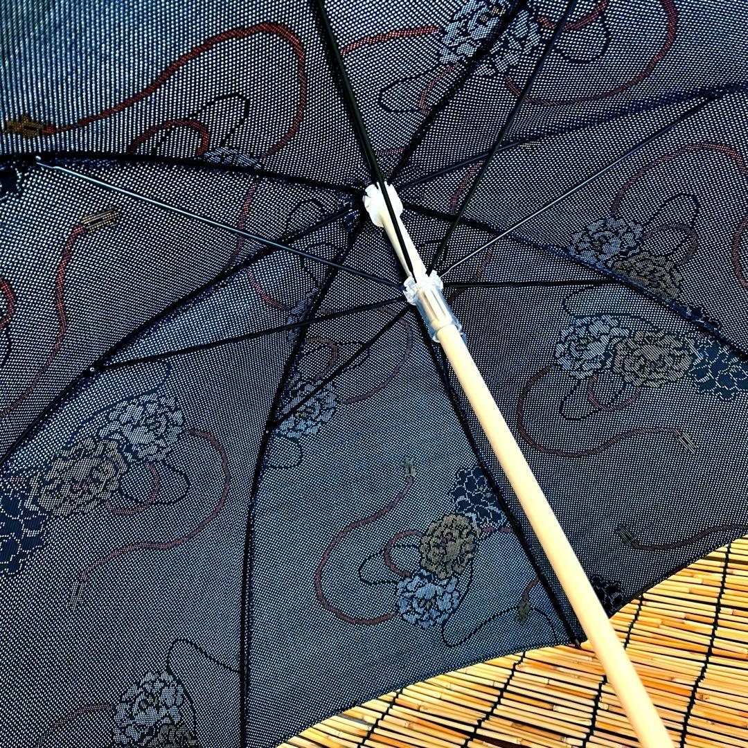 大島紬リメイク＊手作りおしゃれ日傘とお揃い巾着トート＊グレー系 花柄