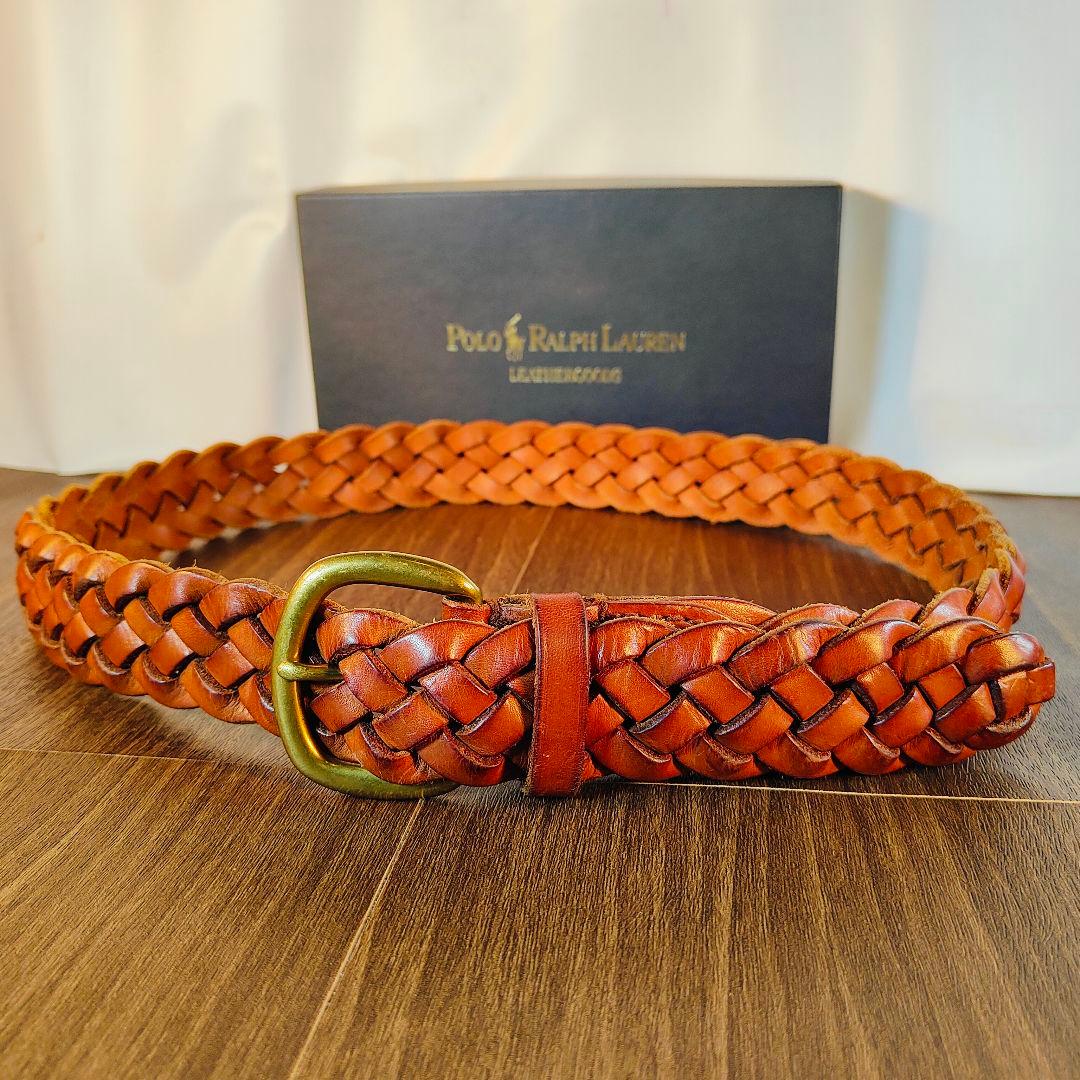 【ヴィンテージ】ポロラルフローレン　高級編込みドレスベルト　極厚イタリアンレザー