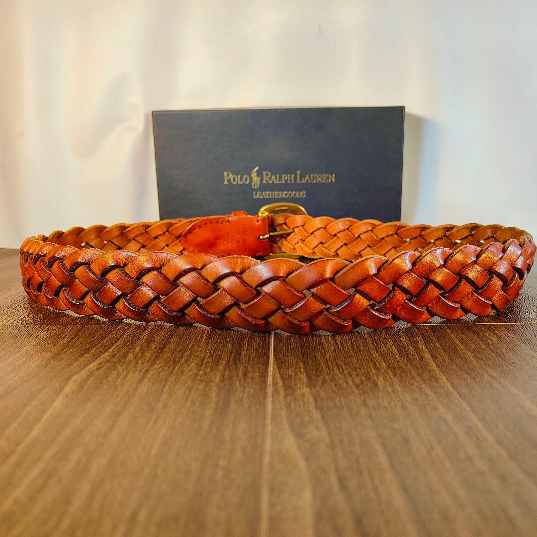 【ヴィンテージ】ポロラルフローレン　高級編込みドレスベルト　極厚イタリアンレザー