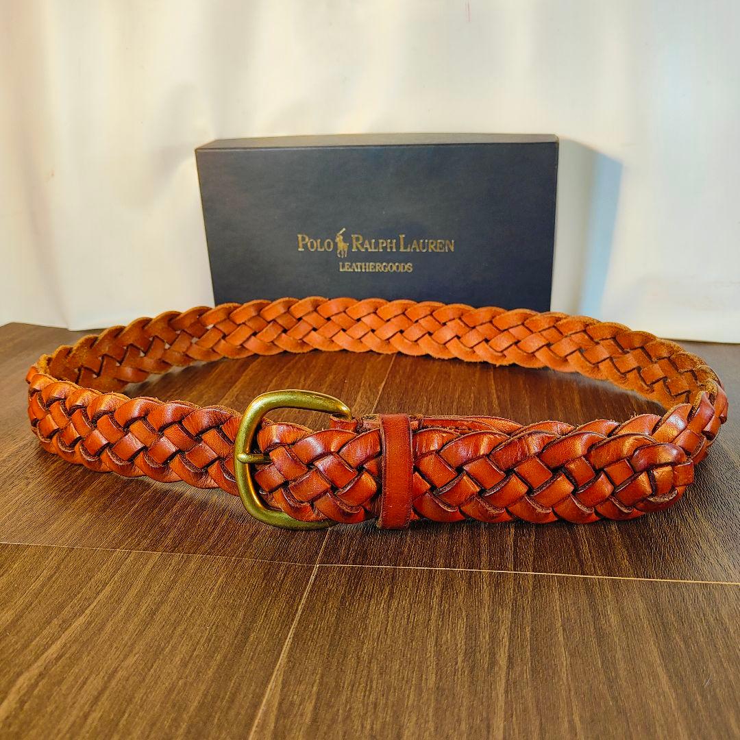 【ヴィンテージ】ポロラルフローレン　高級編込みドレスベルト　極厚イタリアンレザー