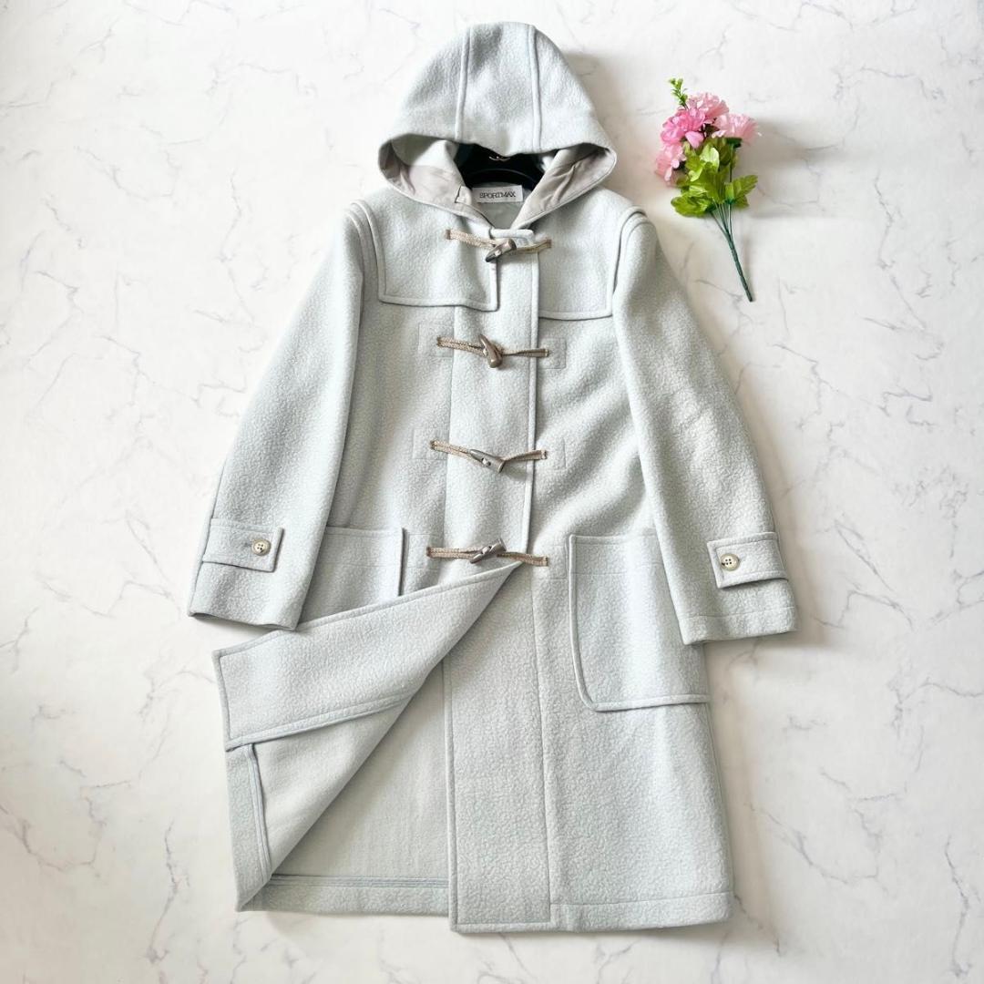 【美品】スポーツマックス モヘヤ混 ロング丈 ダッフルコート 水色 Lサイズ