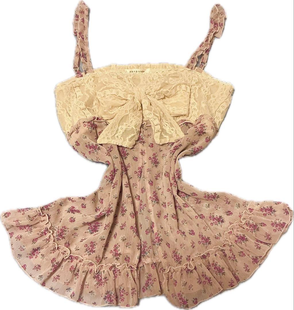 ♪00s axes femme ビッグリボン 小花柄 レース シアーキャミソール