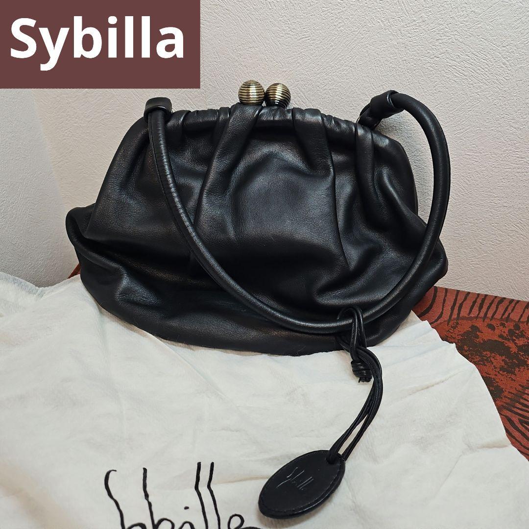 美品 Sybillaシビラ ハンドバッグ ワンショルダー がま口 レザー 黒