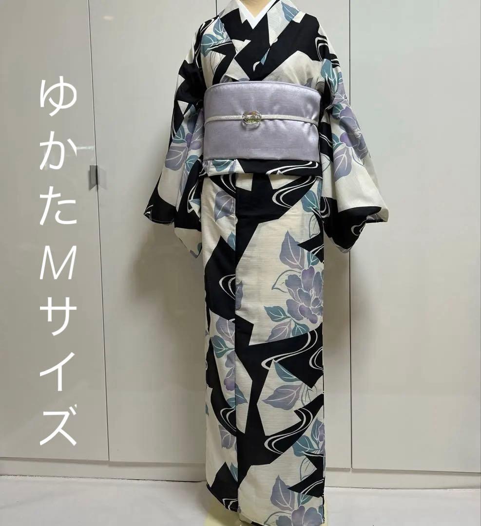 浴衣 ユカタ ゆかた ポリ100% Mサイズ 白✖️黒✖️薄い紫 M