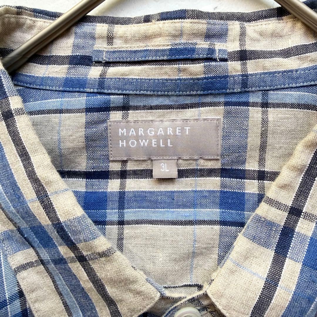 マーガレットハウエル リネン チェック シャツ 3L ブルー ベージュ