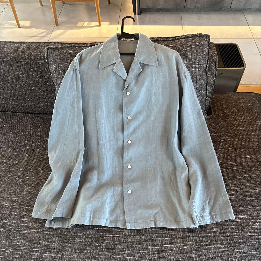 美品AURALEEリネンシャツオーラリー春物SSライトブルー