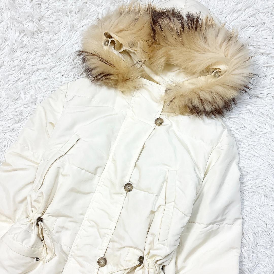 希少42【極美品】マックスマーラ ダウンコート ファーフード アイボリー 洗える