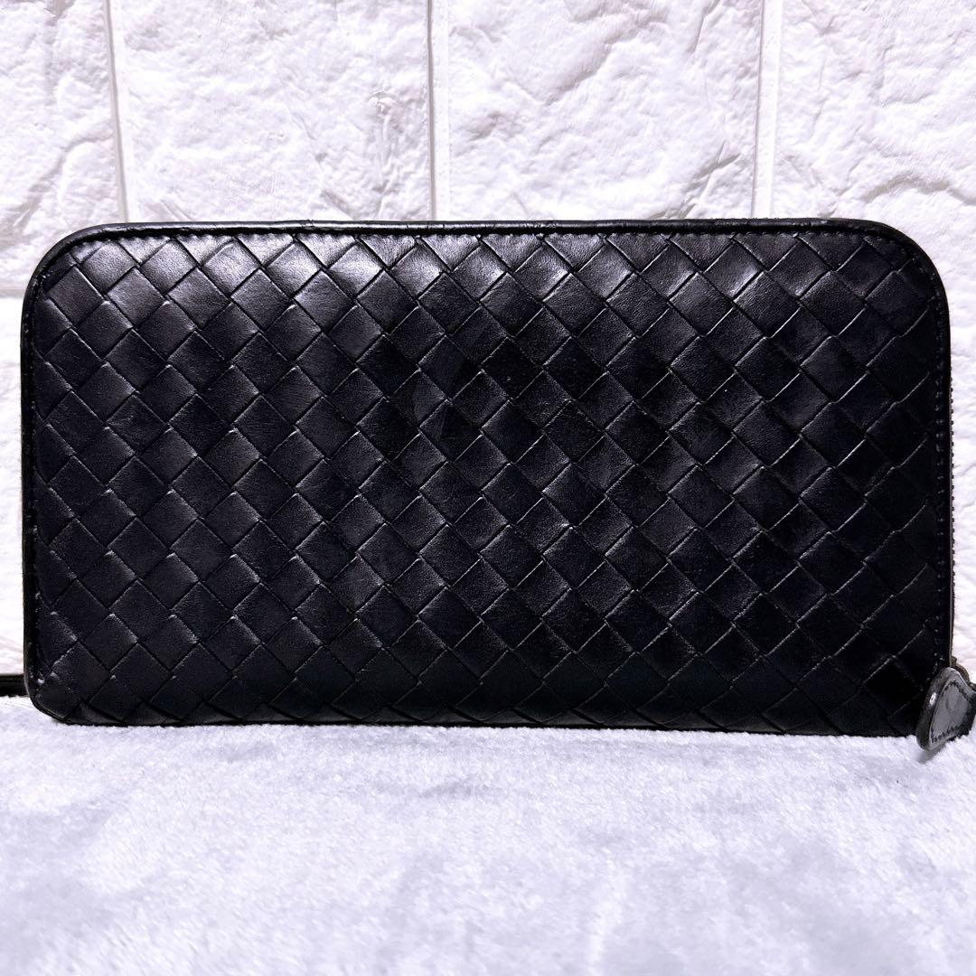【美品】ボッテガヴェネタ 長財布 ラウンド イントレチャート ブラック メンズ