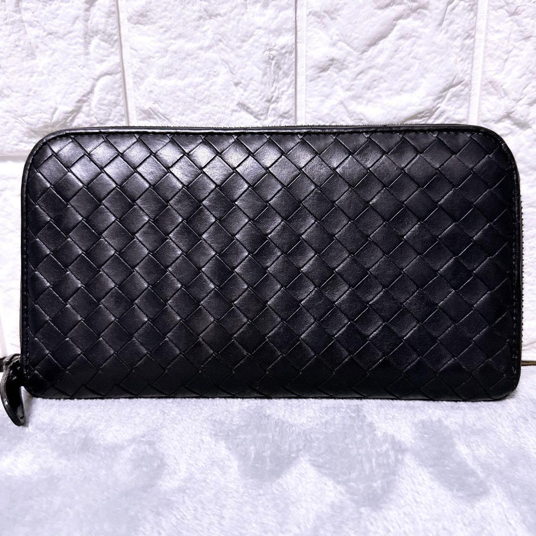 【美品】ボッテガヴェネタ 長財布 ラウンド イントレチャート ブラック メンズ
