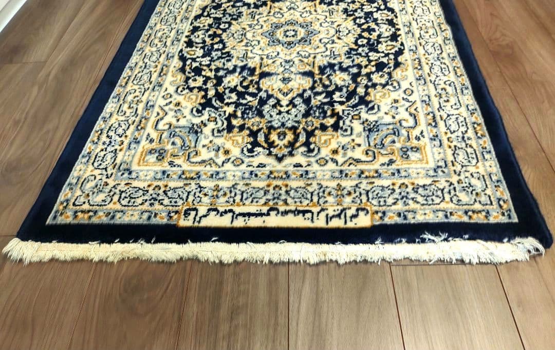 80×120 イラン製 ウール ペルシャ絨毯 メダリオン柄 ネイビー ベージュ