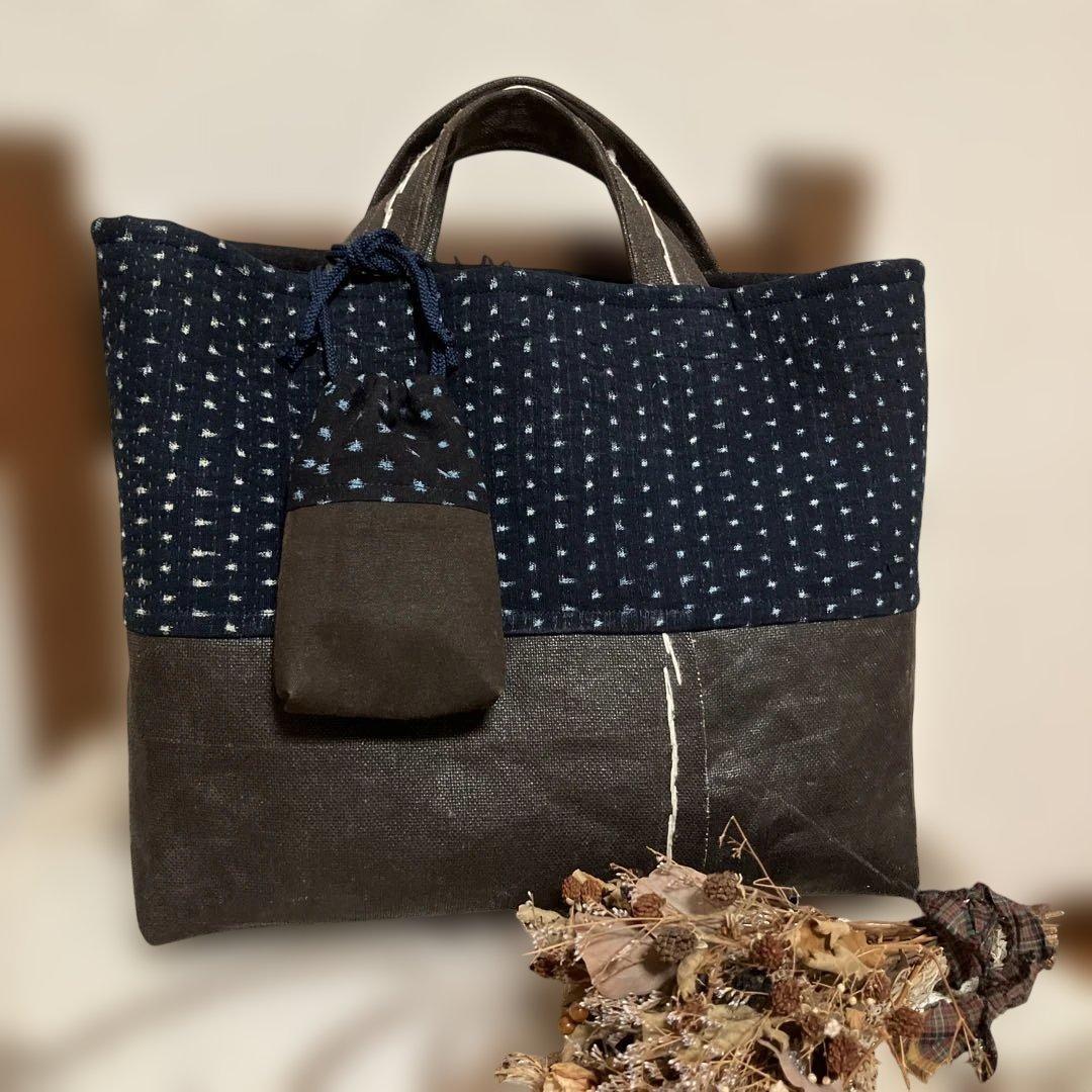 柿渋染め古布酒袋藍染め雪ん子刺し子キーケースチャーム付リメイク手作りバック