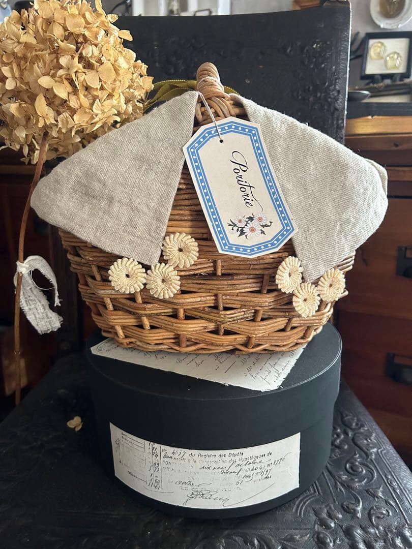 poritorie マーガレット刺繍 リネンカバー かご バスケット