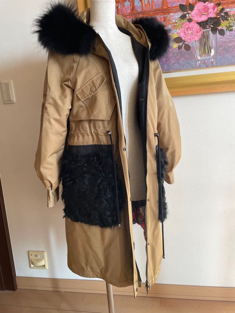 スプーム ファー付き　ダウンコート フード付きベージュ モッズ風コート 36