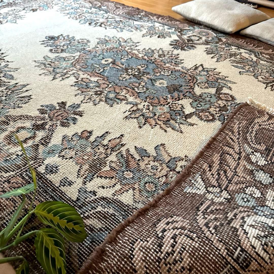 119×204ブラウン×クリーム　ピンク水色　メダリオン　トルコヴィンテージラグ