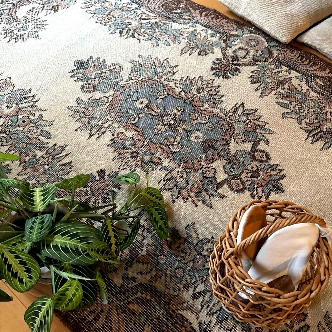 119×204ブラウン×クリーム　ピンク水色　メダリオン　トルコヴィンテージラグ