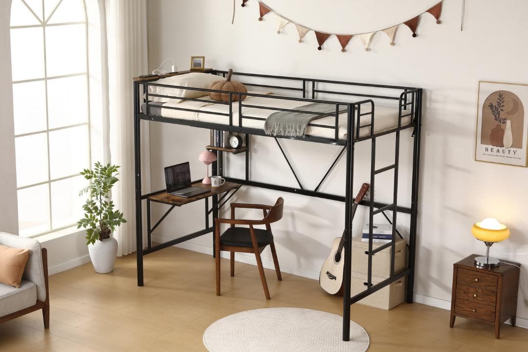 ロフトベッド シングル パイプベッド 収納棚 デスク付き収納 パイプブラック