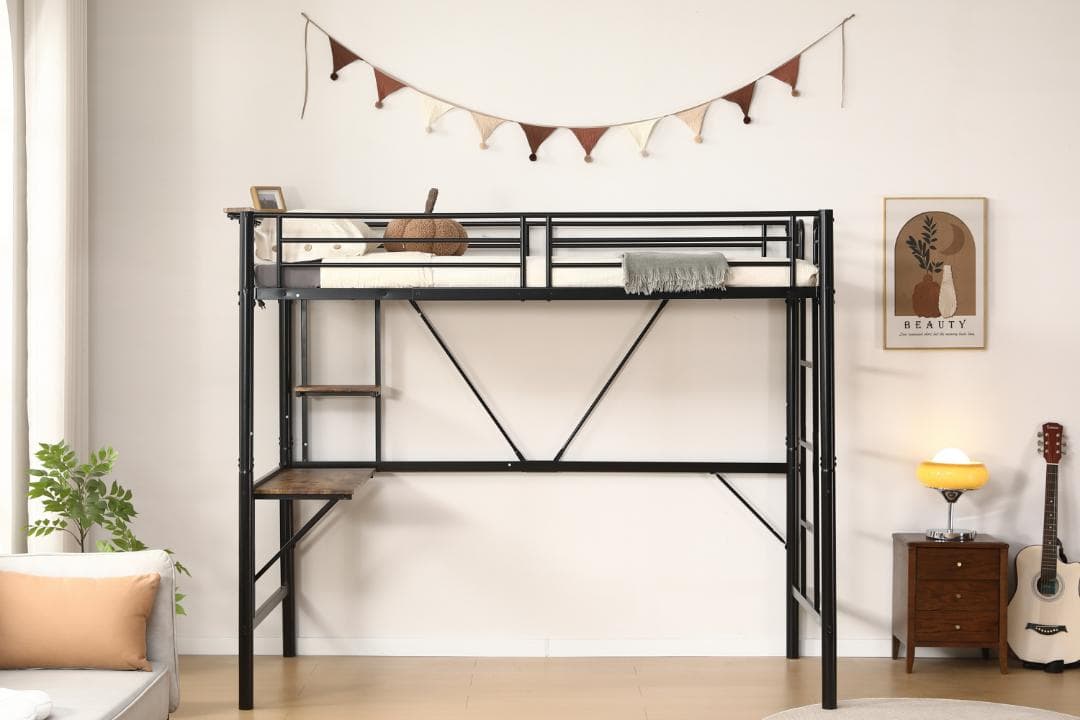 ロフトベッド シングル パイプベッド 収納棚 デスク付き収納 パイプブラック