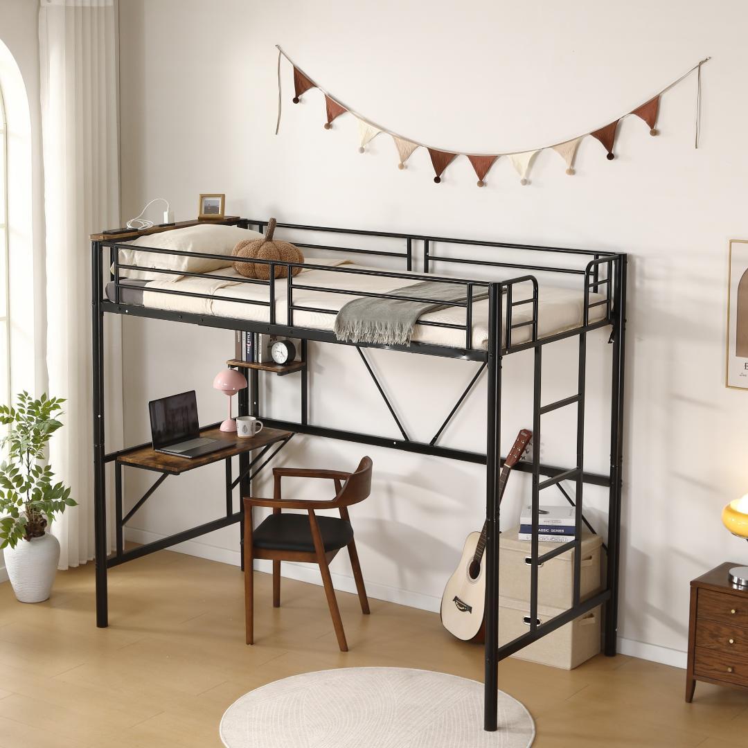 ロフトベッド シングル パイプベッド 収納棚 デスク付き収納 パイプブラック