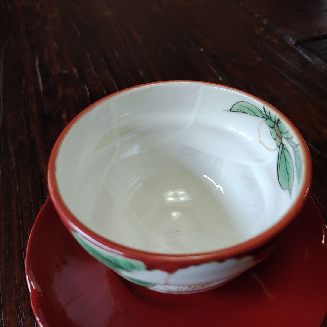 愛 陶庵　とうあん湯のみ茶碗　木製塗り茶托付き　ハナミズキ