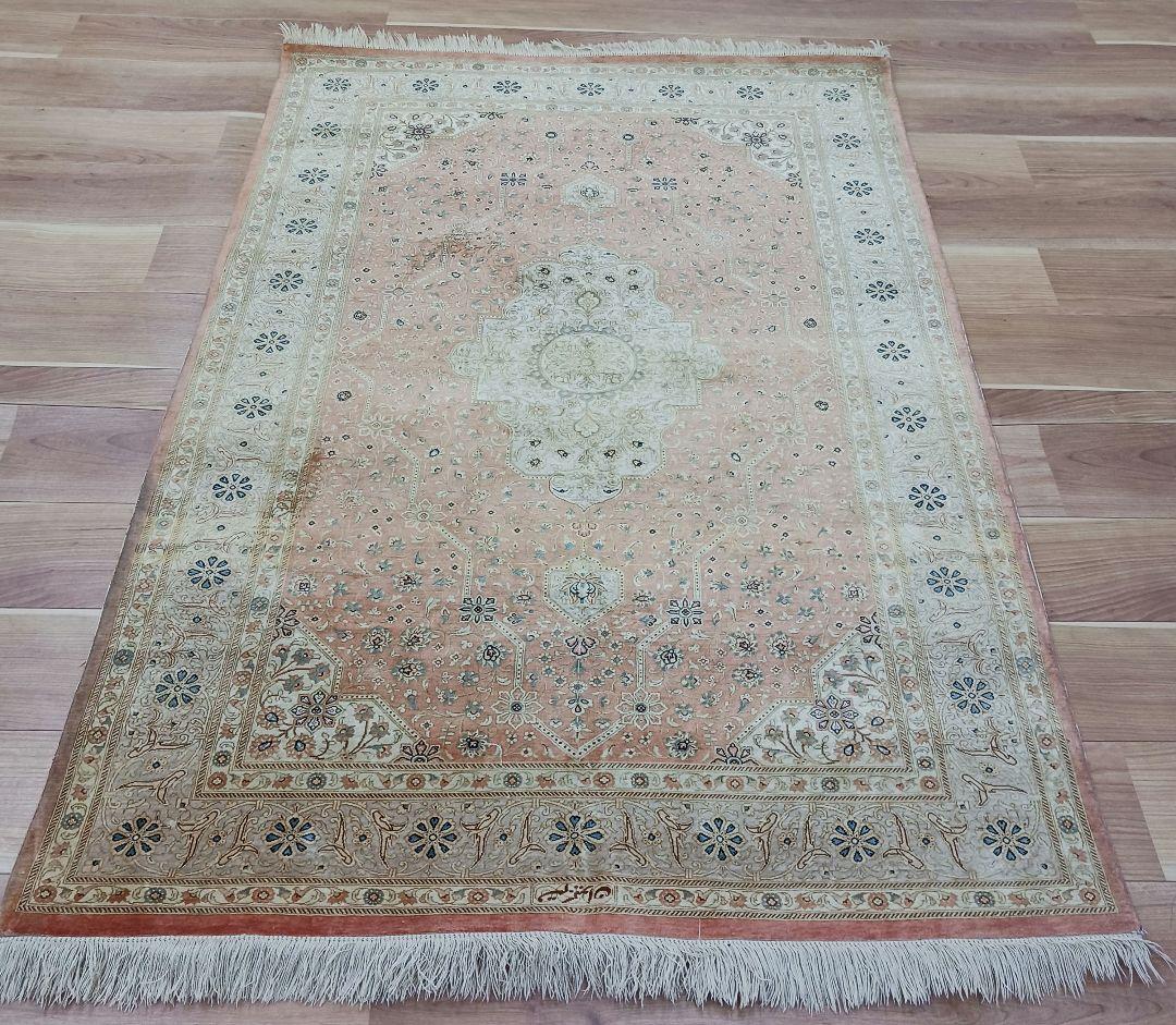 Y3196 高級ペルシャ クム産 工房サイン シルク100% 手織100万ノット