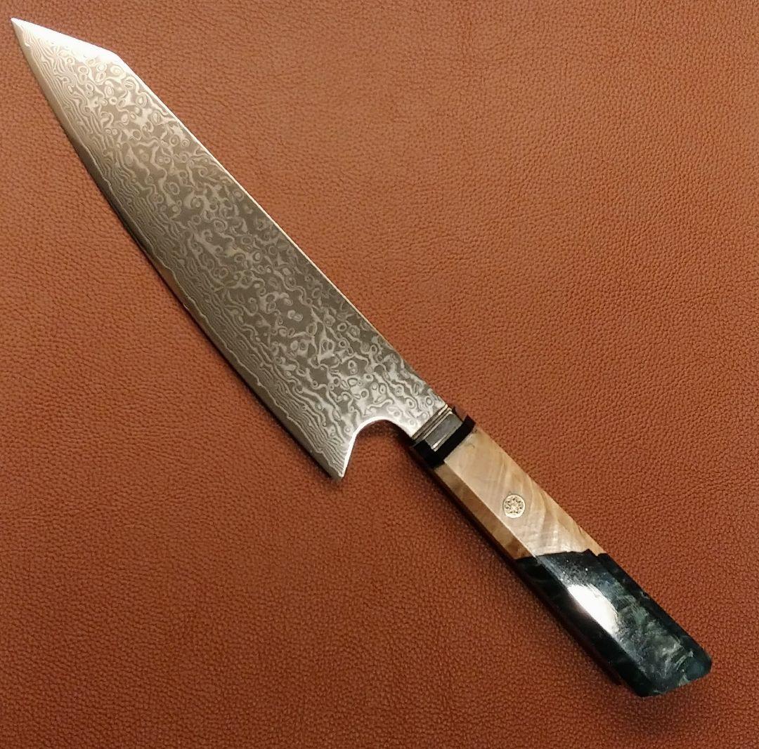 プレゼント付き　V金10号 　67層　ダマスカス包丁　青緑柄　剣型　牛刀