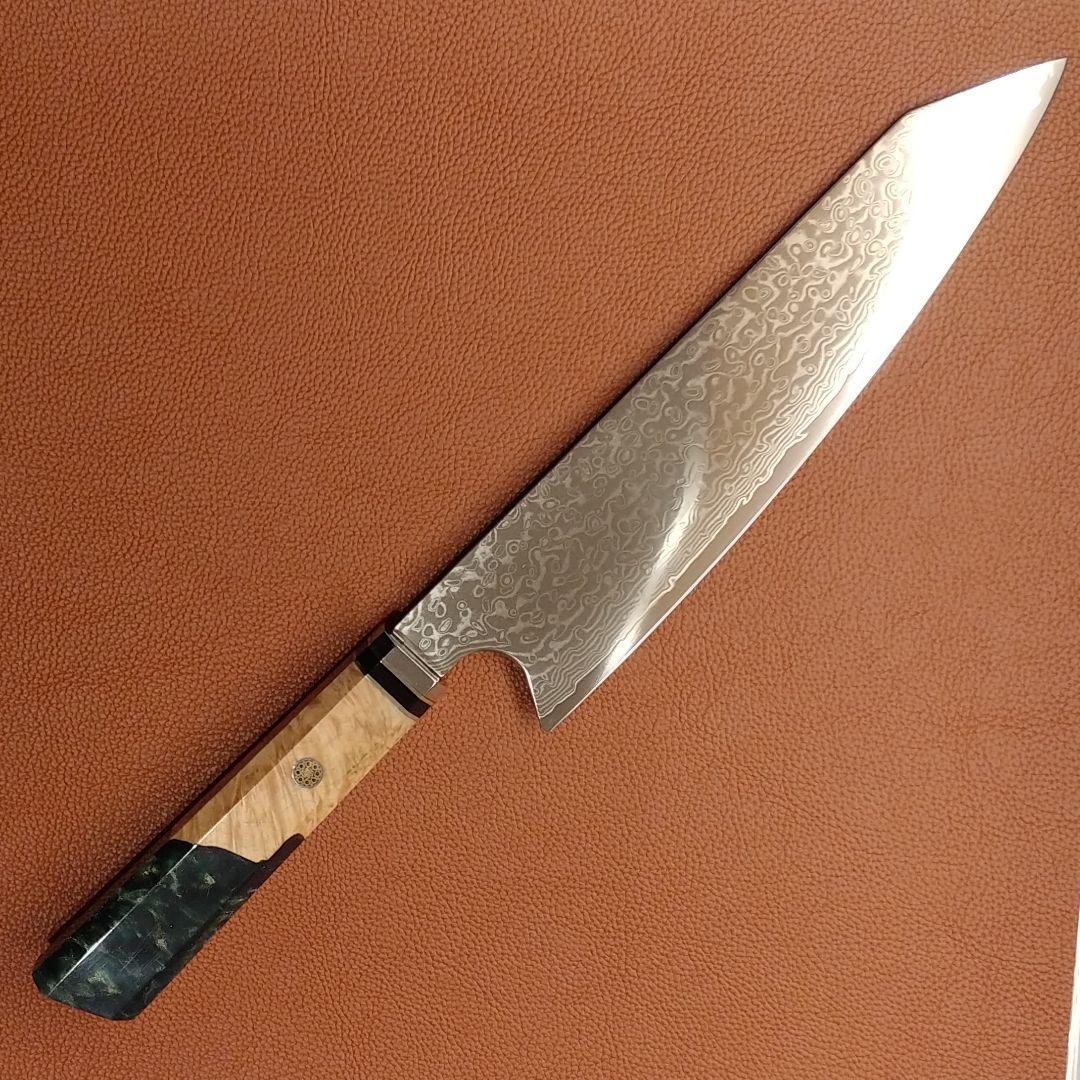 プレゼント付き　V金10号 　67層　ダマスカス包丁　青緑柄　剣型　牛刀