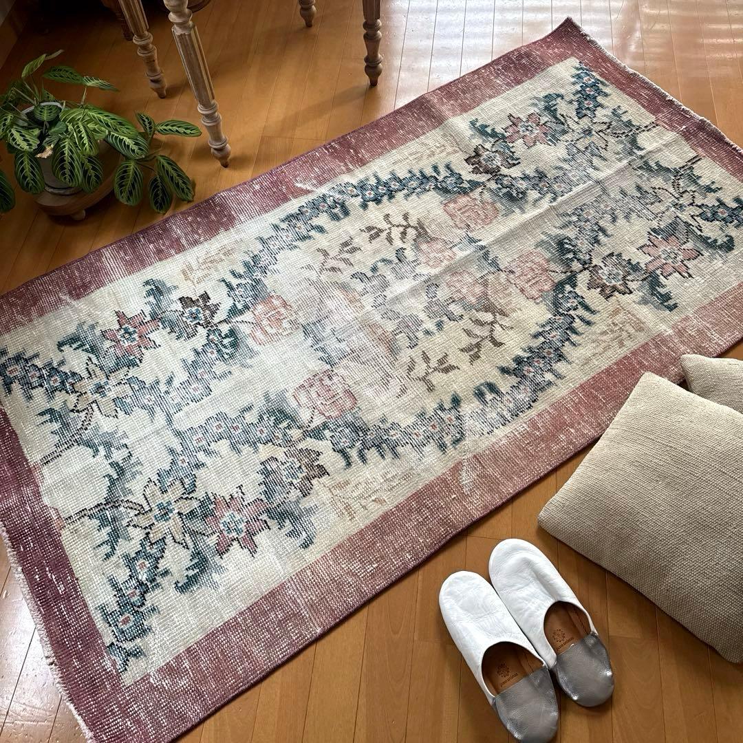 93×170擦れ　アンティークリースボタニカル　花柄　トルコヴィンテージラグ