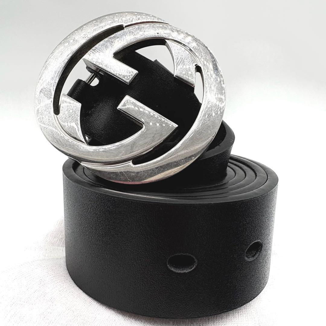 【美品】GUCCI　ベルト　インターロッキング　黒　シルバー　ダブルGG　レザー