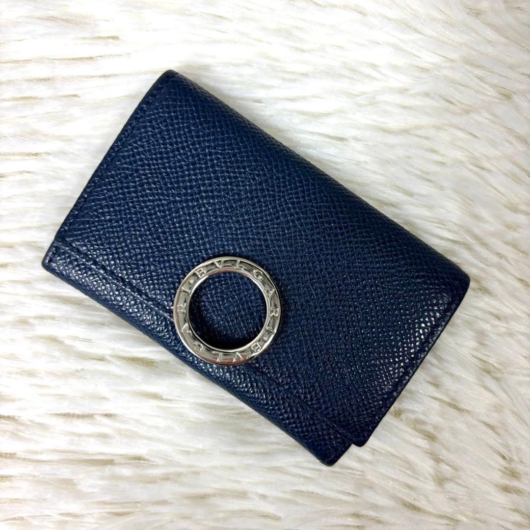 【美品】ブルガリ ケース パース サークルロゴ レザー ネイビー