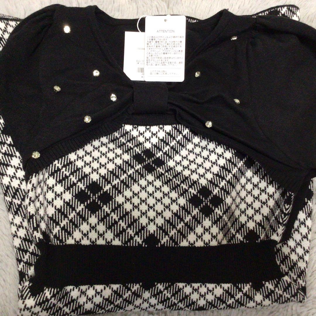 evelyn エヴリン 長袖 チェックリボンニットワンピース クロ