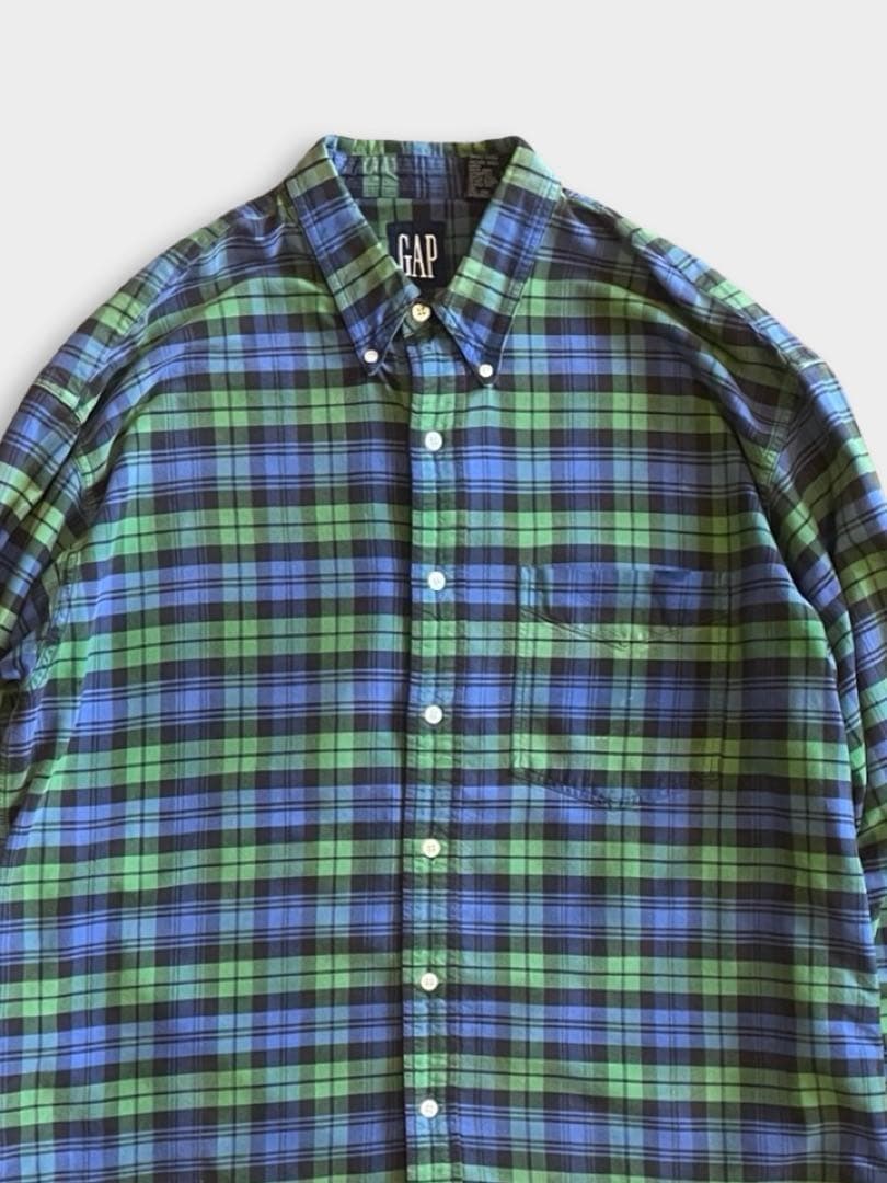 90s OLD GAP ボタンダウン チェックシャツ 長袖 緑 青 古着