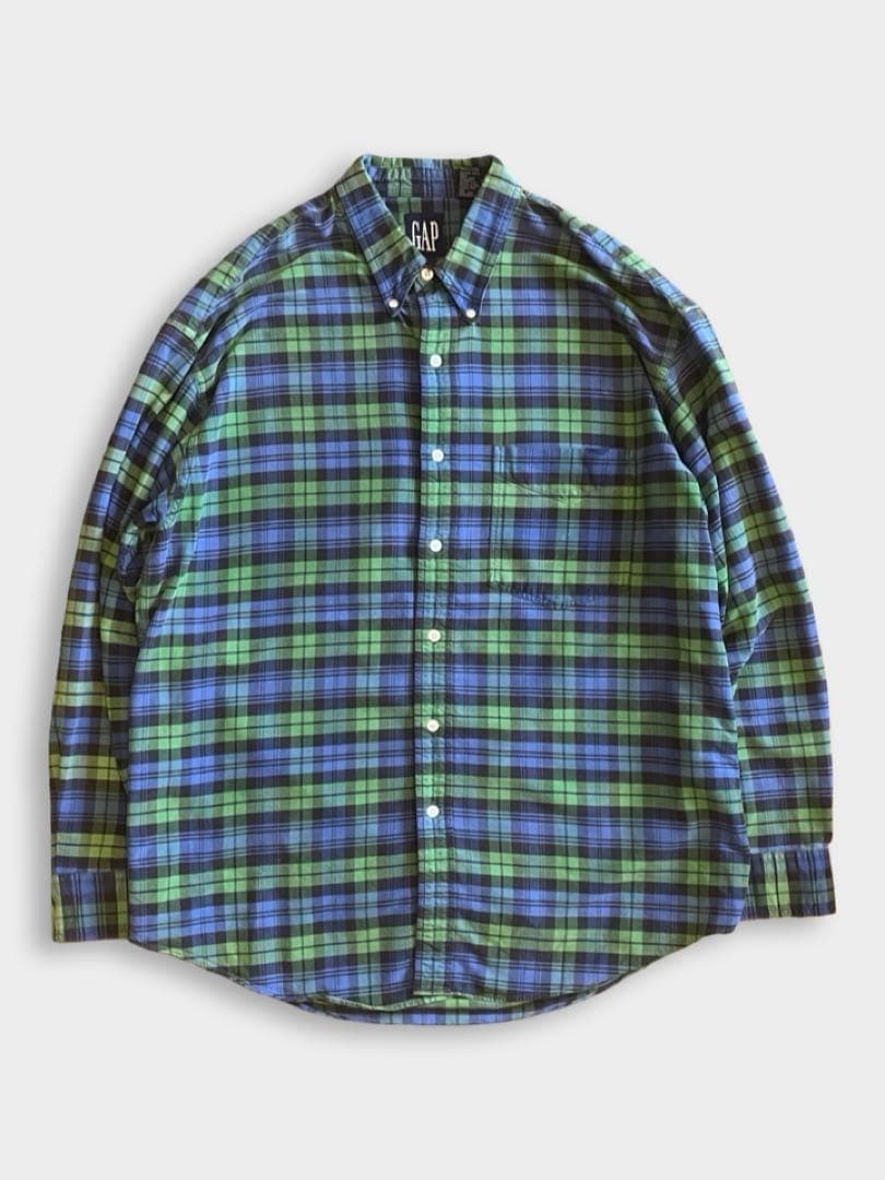 90s OLD GAP ボタンダウン チェックシャツ 長袖 緑 青 古着