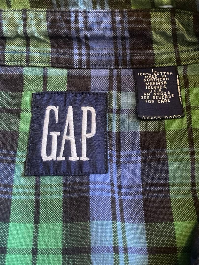 90s OLD GAP ボタンダウン チェックシャツ 長袖 緑 青 古着