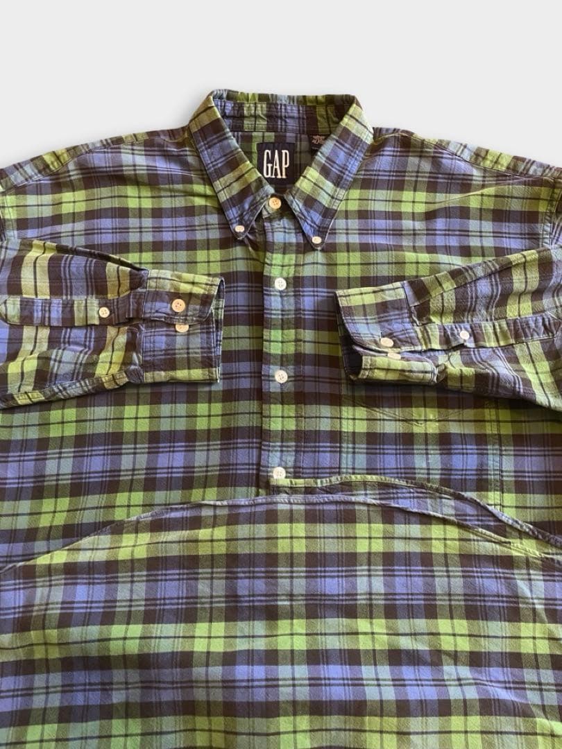 90s OLD GAP ボタンダウン チェックシャツ 長袖 緑 青 古着