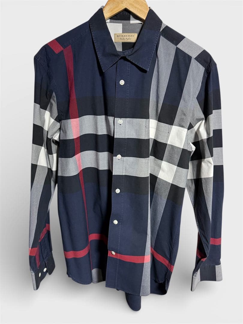 値引中 BURBERRY チェックコットンシャツ ネイビーXL