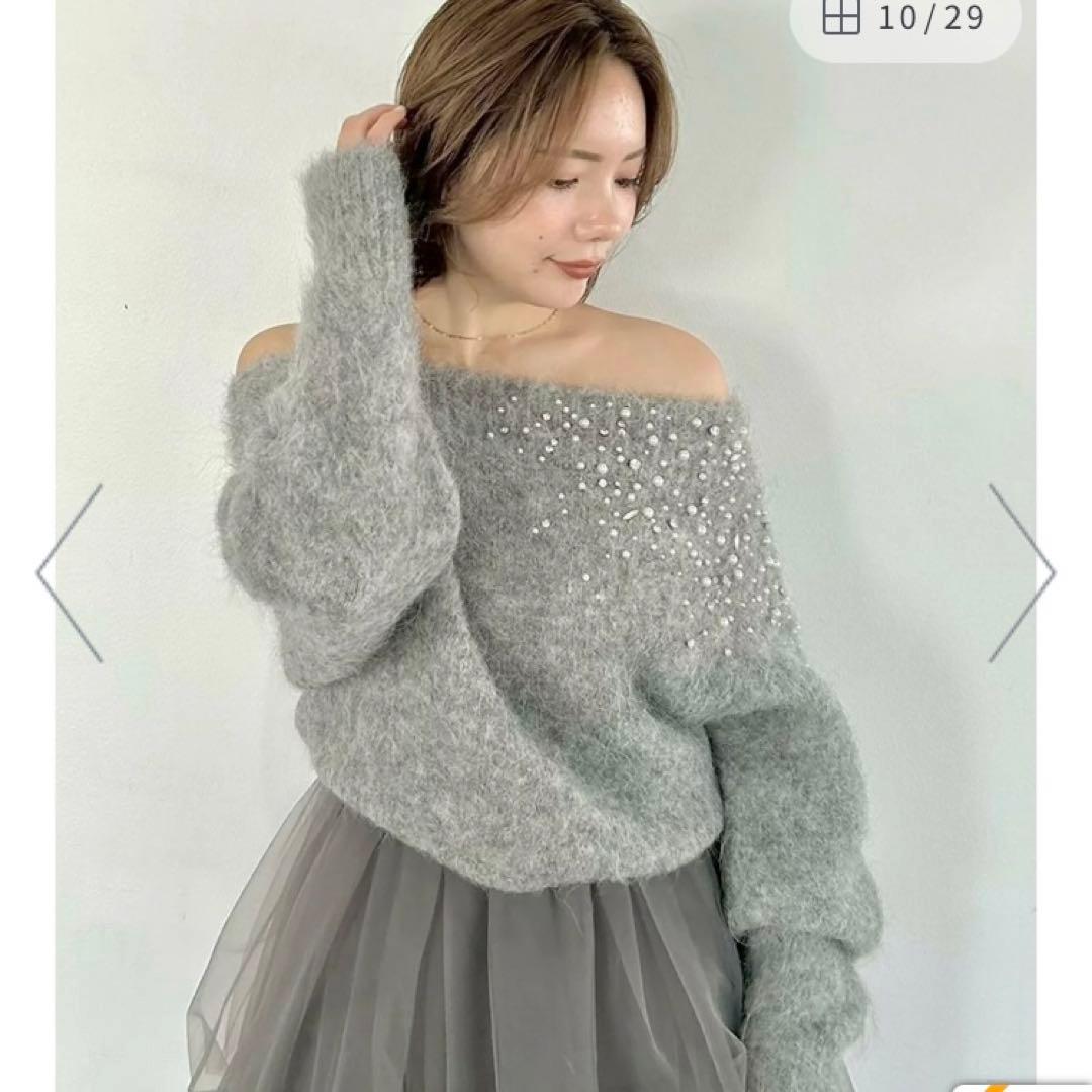 フレイアイディー　アルパカシャギービジューオフショルニット