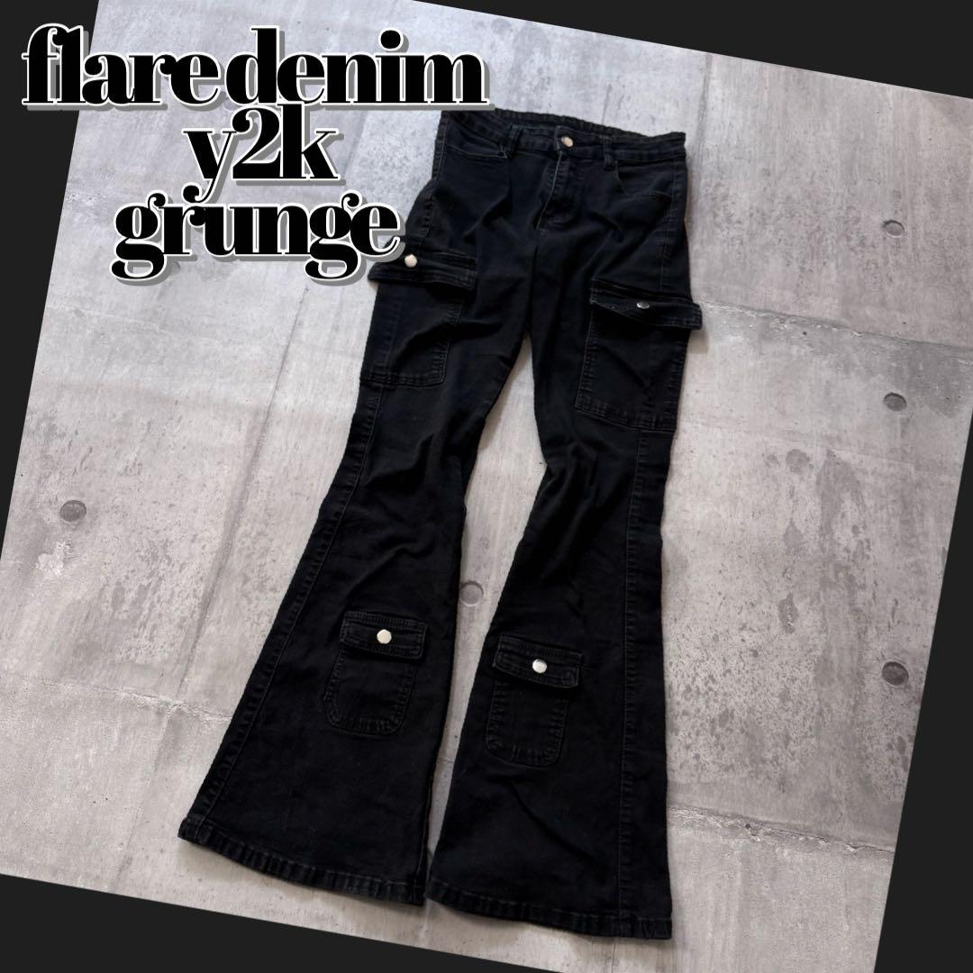 パンツ y2k opium flare black denim cargo pants