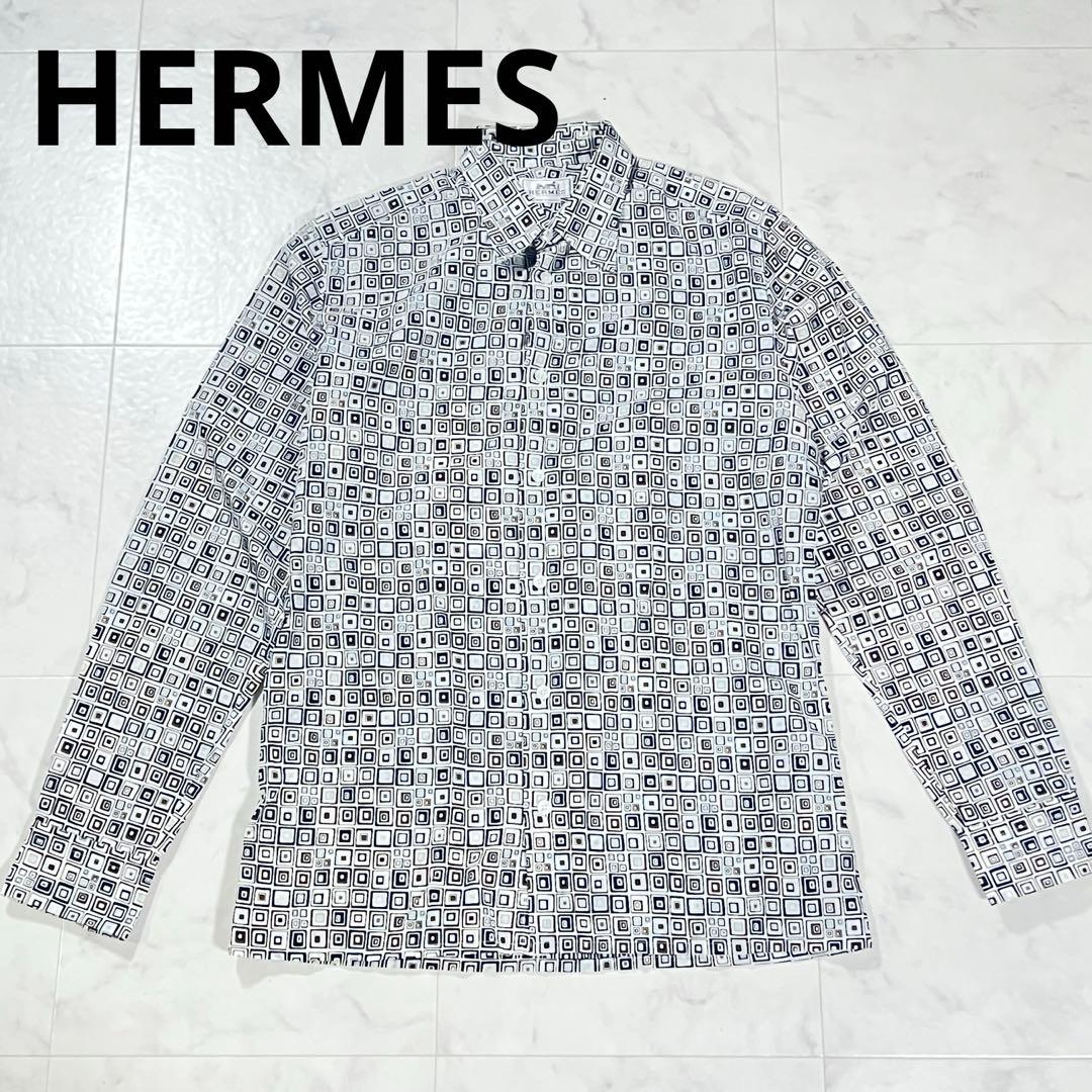 美品 メルメス HERMES 幾何学模様 長袖シャツ 銀ボタン コットン 総柄