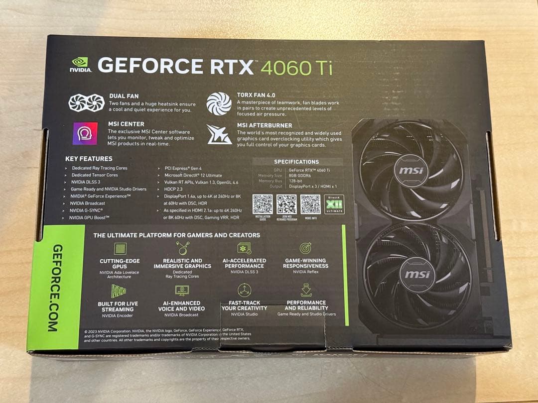 グラフィックボード・グラボ・ビデオカード MSI GEFORCE RTX 4060Ti VENTUS BLACK OC