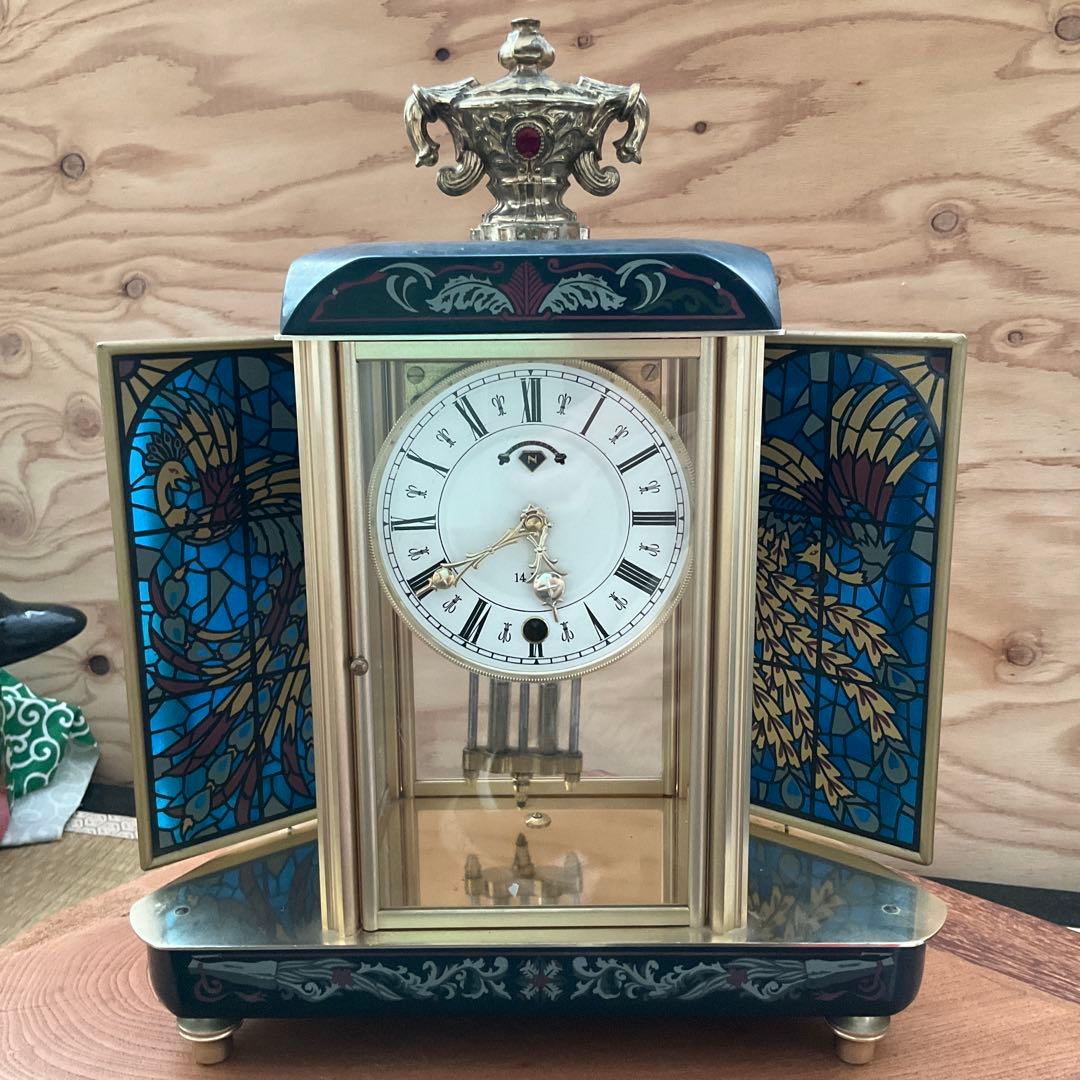 日本美術時計 Nマーク ステンドグラス風　ゼンマイ振り子式置時計 4面ガラス