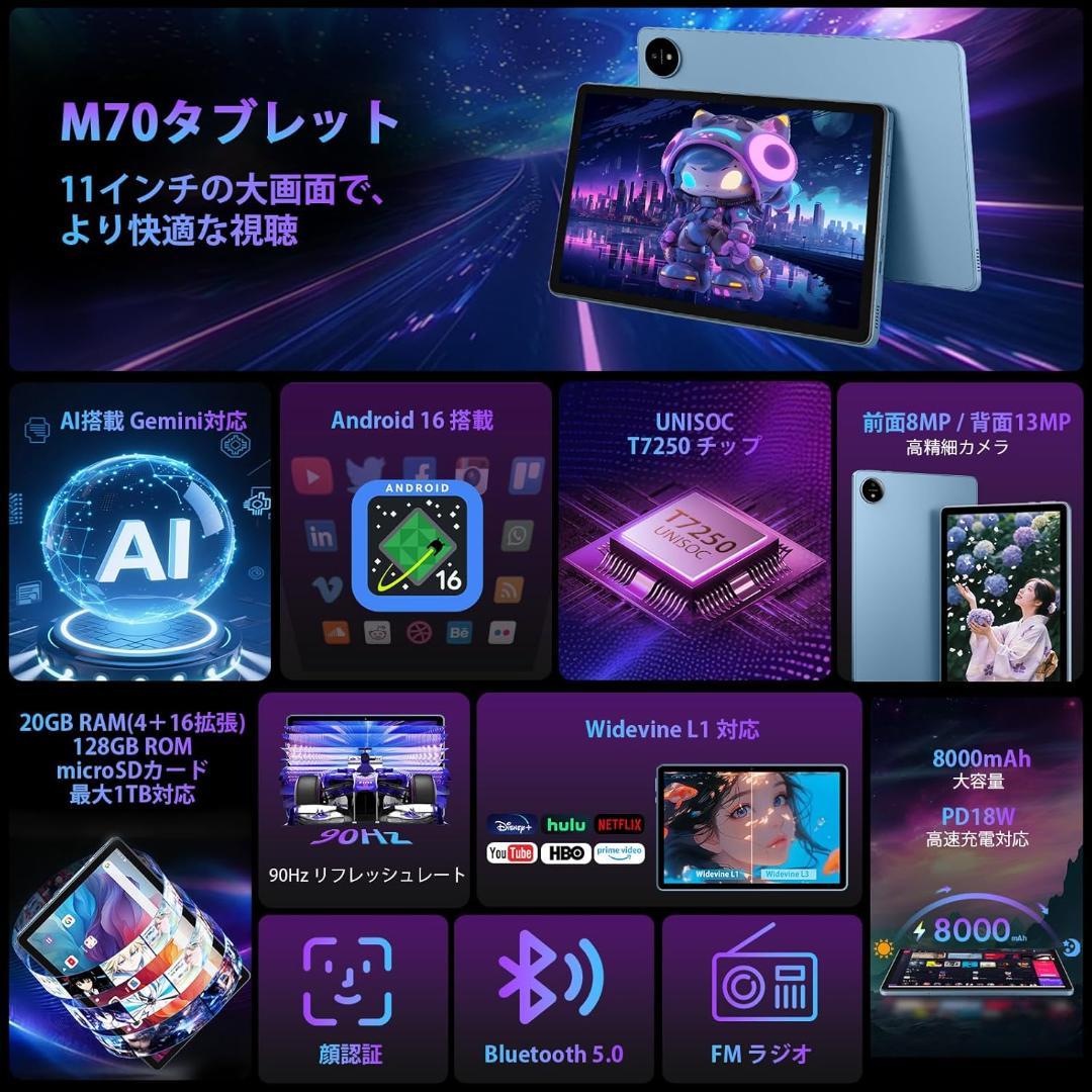 ✨新品 アンドロイド16 タブレット11インチ RAM20GB+ROM128GB