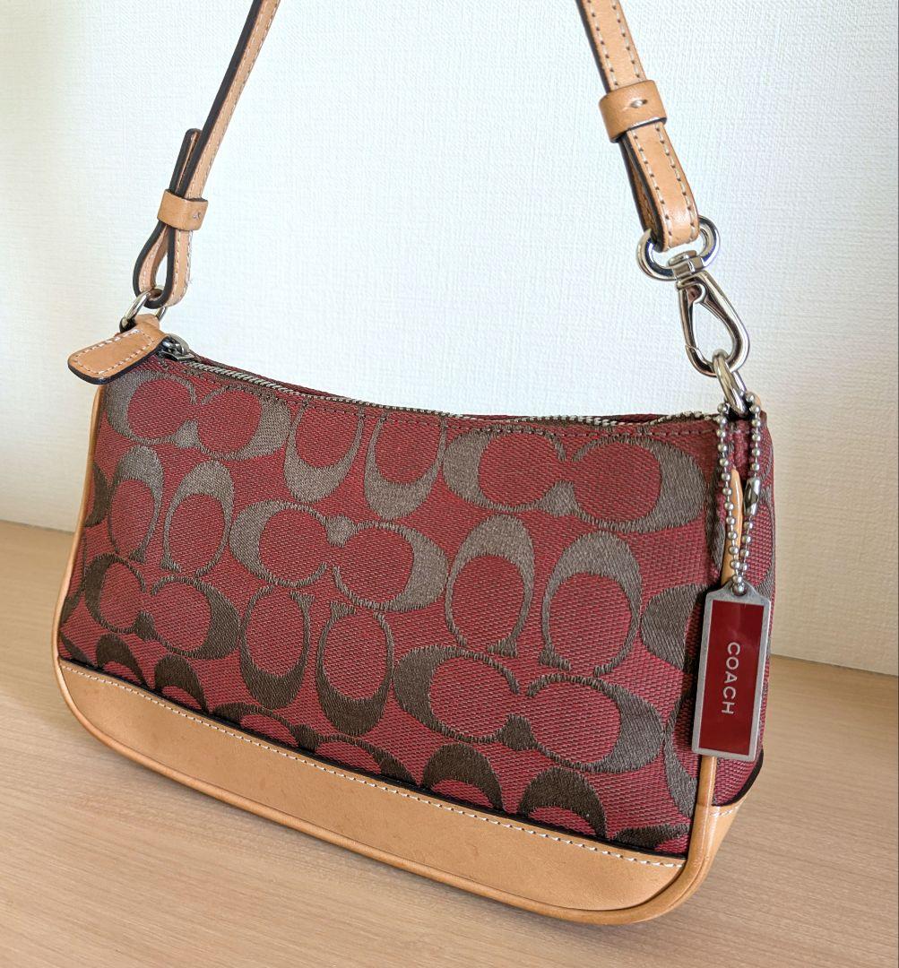 【美品】COACH アクセサリーポーチ ミニバッグ キャンバス レザー レッド