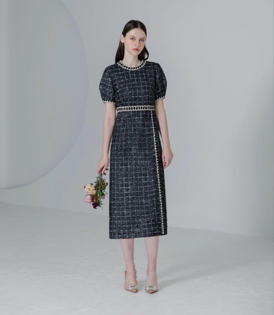 【1度のみの着用】LEJA ツイード柄ハイウエストソフトパフスリーブドレス　M