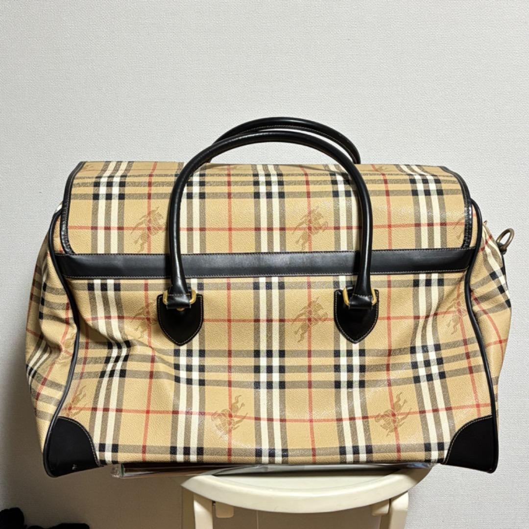 美品【バーバリー】大きい ノバチェック ボストンバッグ 本革 PVC 旅行に