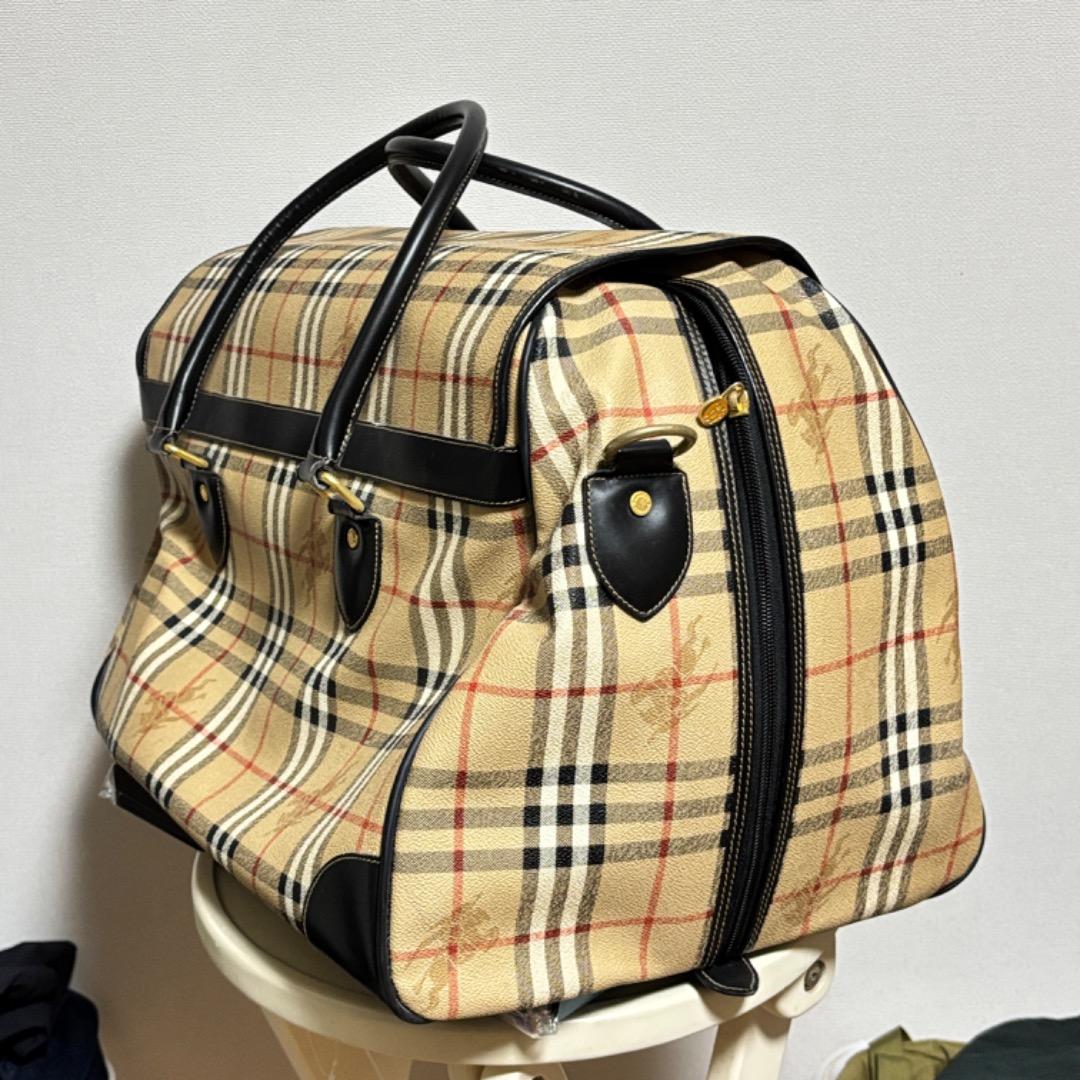 美品【バーバリー】大きい ノバチェック ボストンバッグ 本革 PVC 旅行に