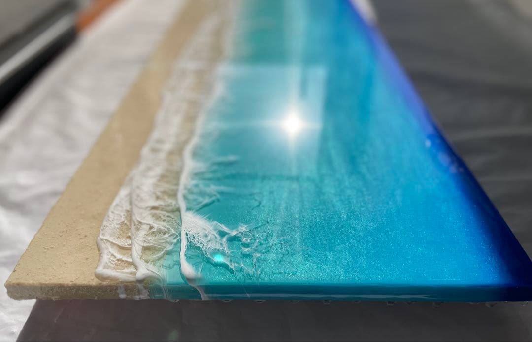 波3層　オーシャンレジン海アート　壁掛けアートロングパネル　W90㎝✖️H30㎝