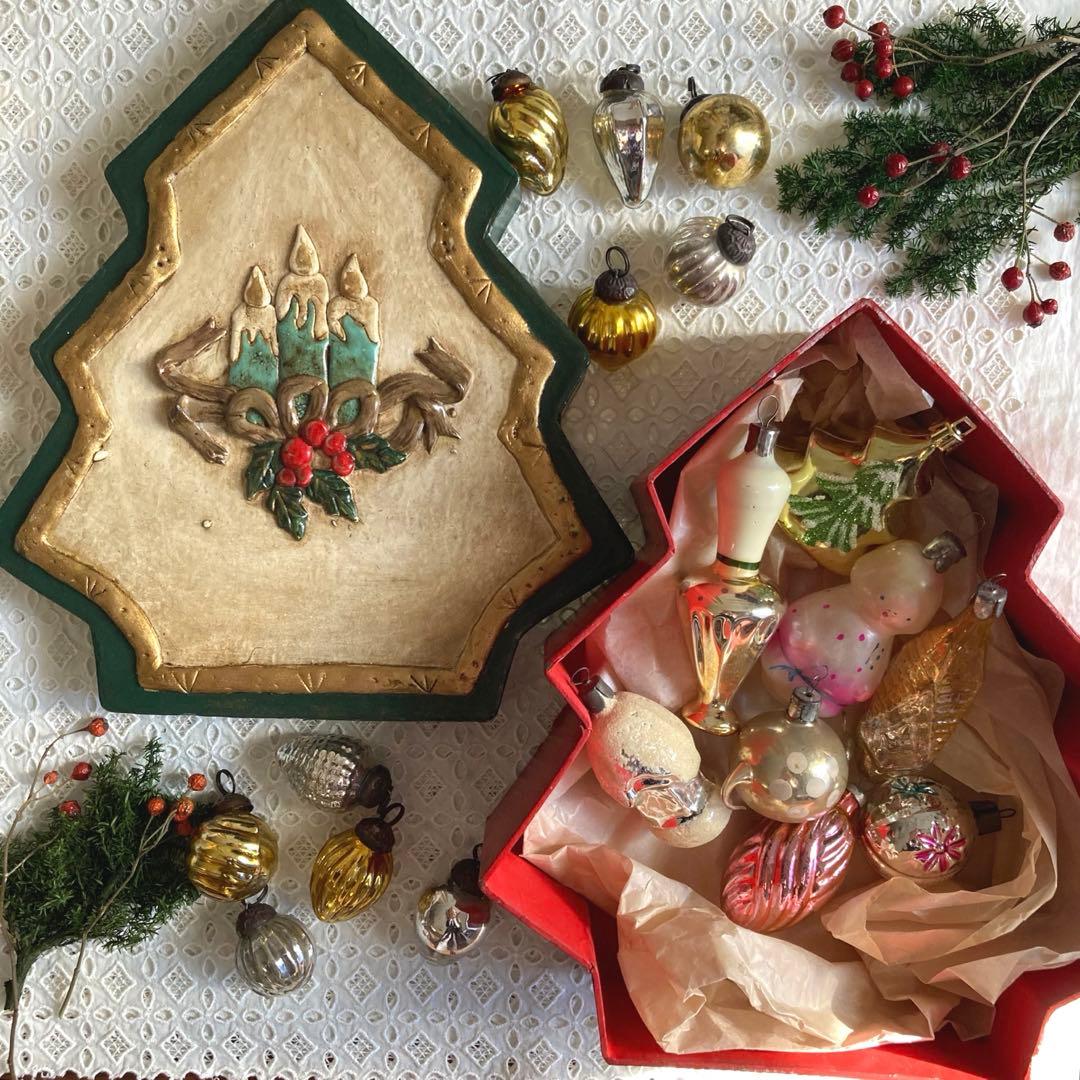 ツリー型ボックス入りアンティークガラスクリスマスオーナメント18個セット【A】大