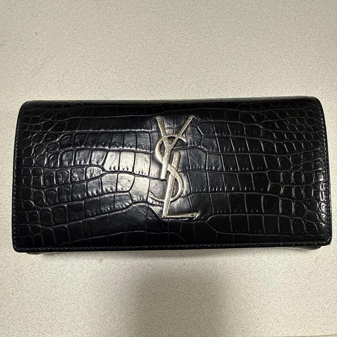 美品 サンローラン 長財布 カサンドラロゴクロコ フラップレザーブラック
