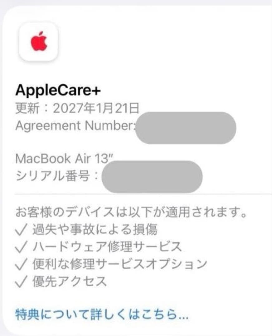 【AppleCare付き/容量100%】MacBook Air M1 シルバー