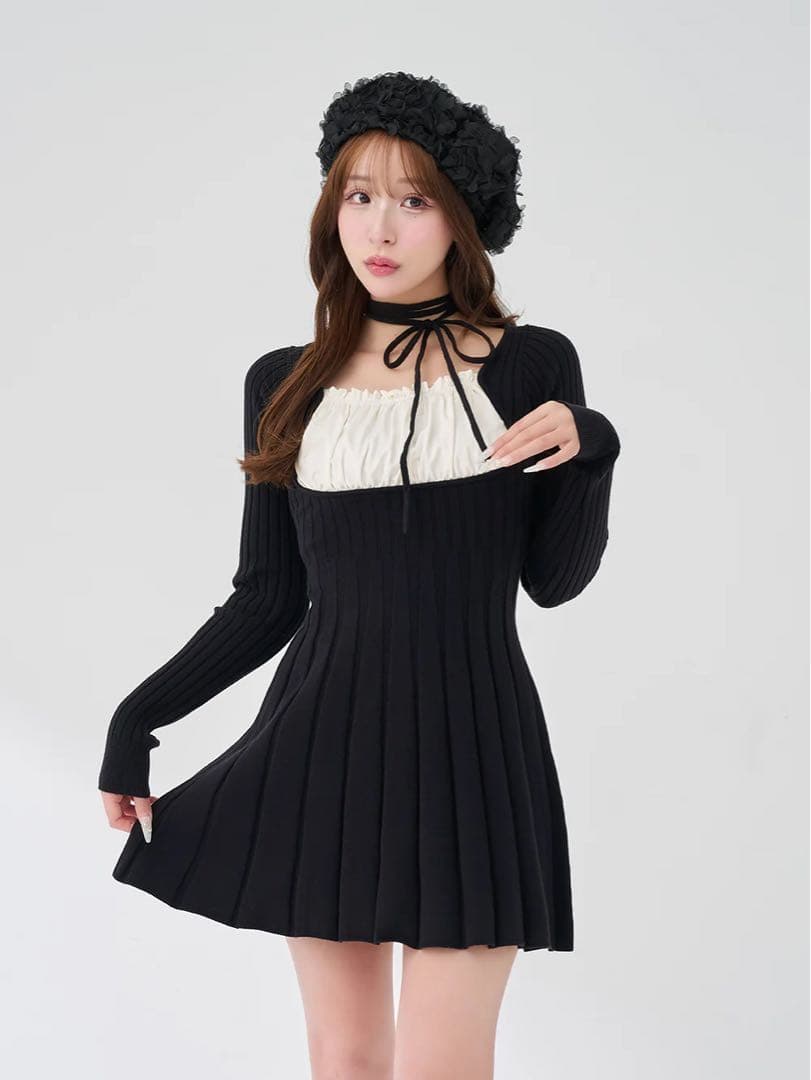 Darich ネックリボンデザインフレアニットミニワンピースFREE/BLACK